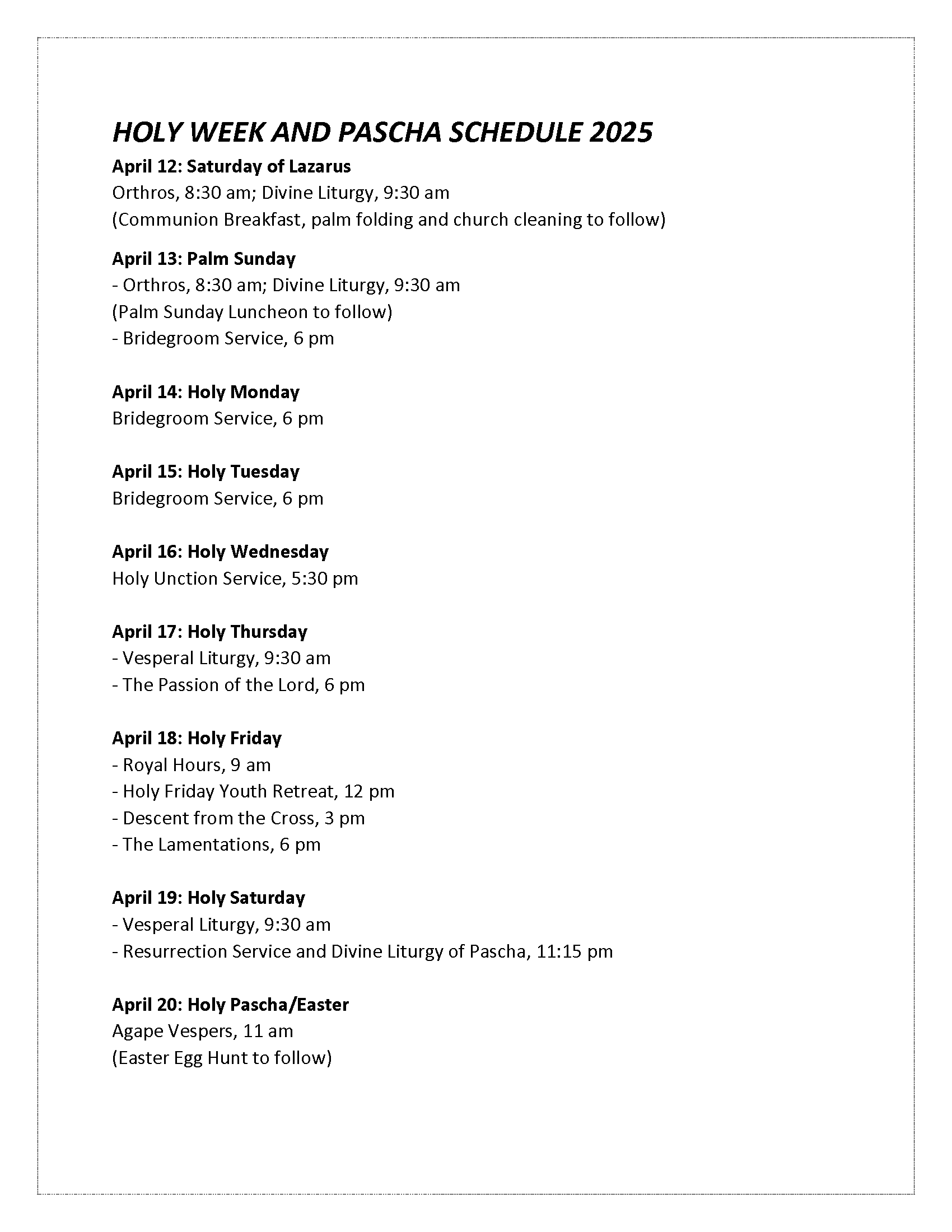 Holy Week Services Schedue