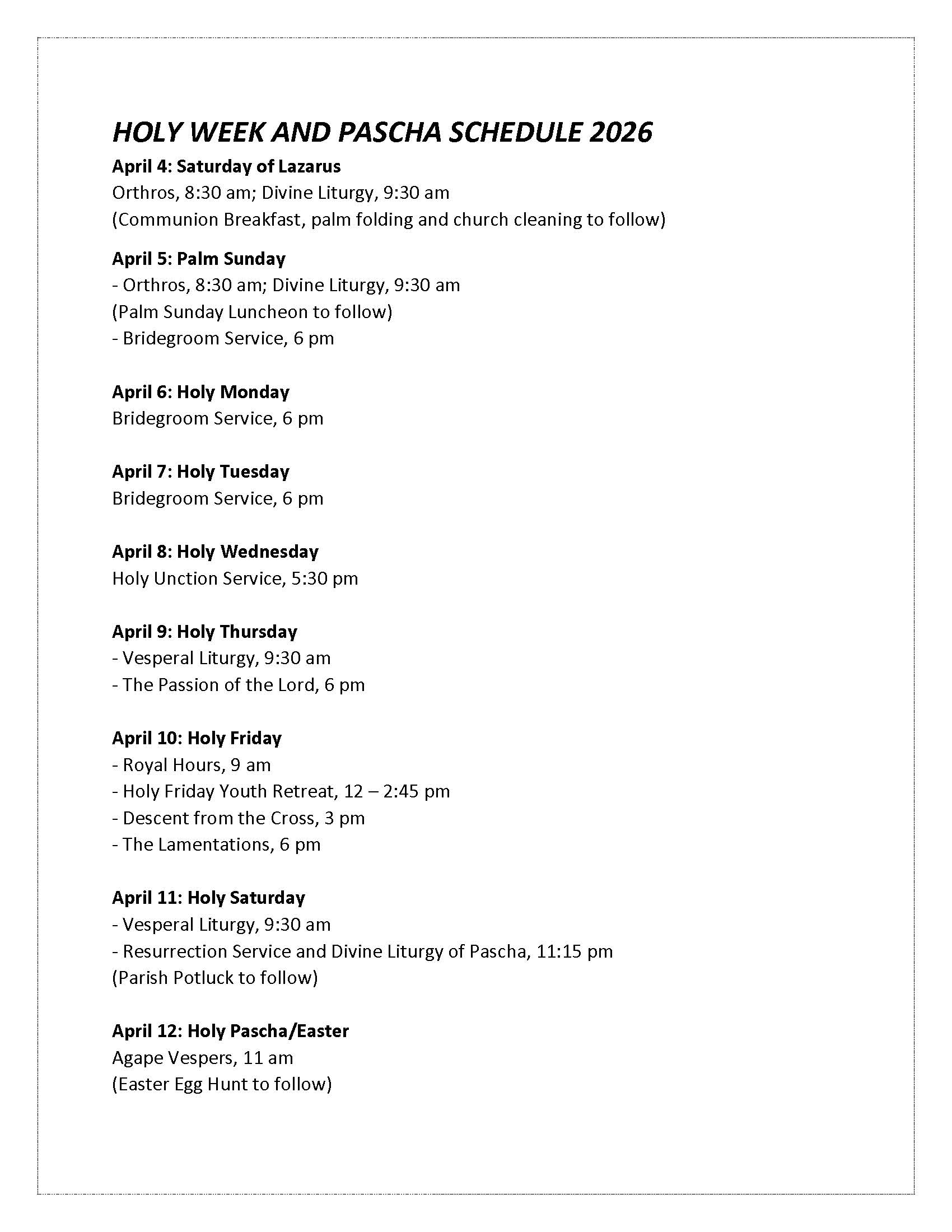 Great Lent and Holy Week Schedule 2026